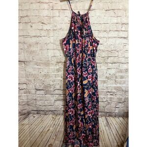 Old Navy Maxi Dress Womens Medium Dark Romantic Florals Satin Halter Neck Flowy